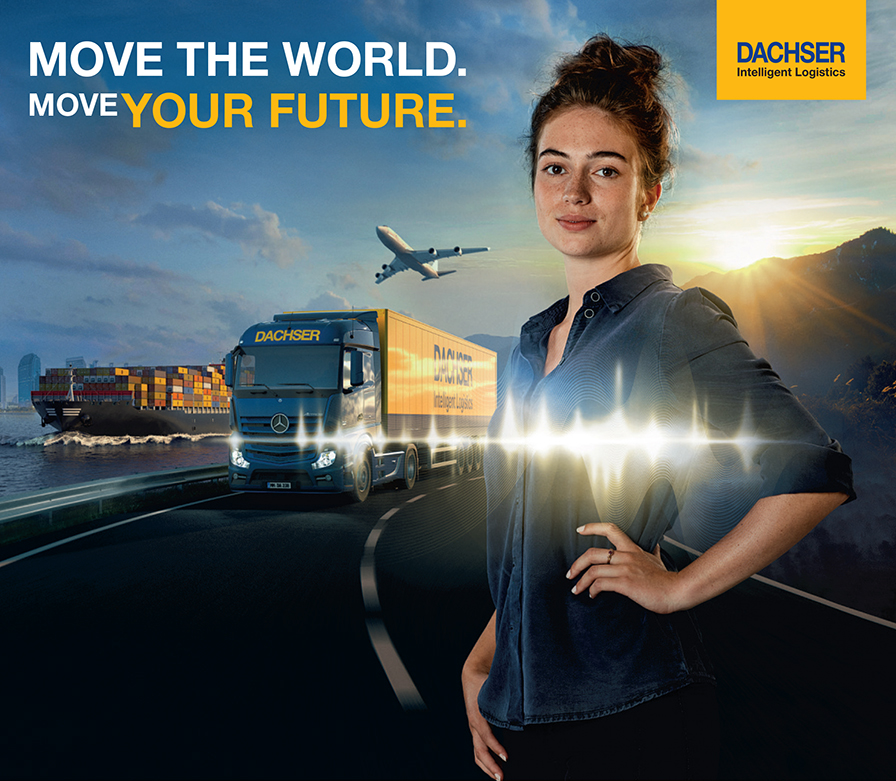Dachser - Intelligent Logistics - Move the world - Move your future. - Containerschiff, LKW und Flugzeug - Die Fachangestellte auf der Straße