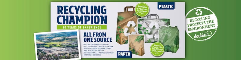 RECYCLING CHAMPION - 30 YEARS OF EXPERIENCE - ALL FROM ONE SOURCE - ALLES AUS EINER HAND - PAPER - PLASTIC - RECYCLING PROTECTS THE ENVIRONMENT - doubleP