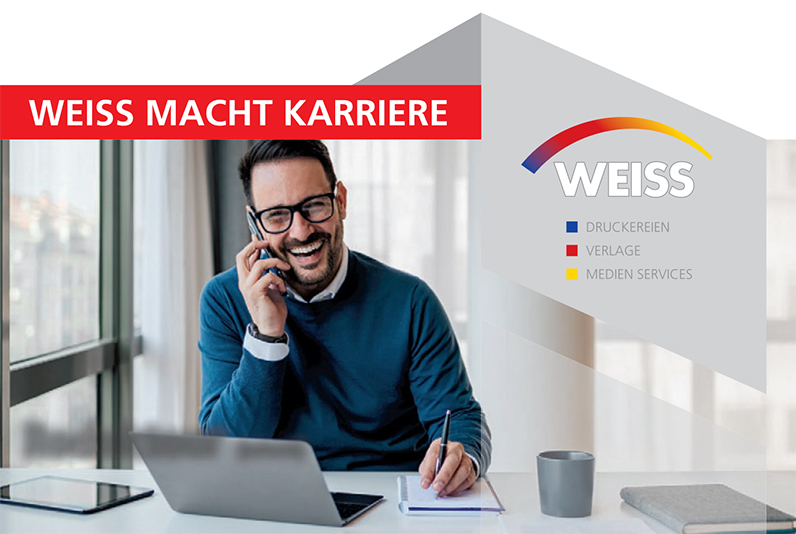 Weiss macht Karriere - Weiss Druckereien Verlage Medien Services - Geschäftsmann benutzt Mobiltelefon im Büro