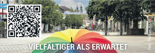 VIELFÄLTIGER ALS ERWARTET - QR-Code - Regenschirm und Stadtübersicht