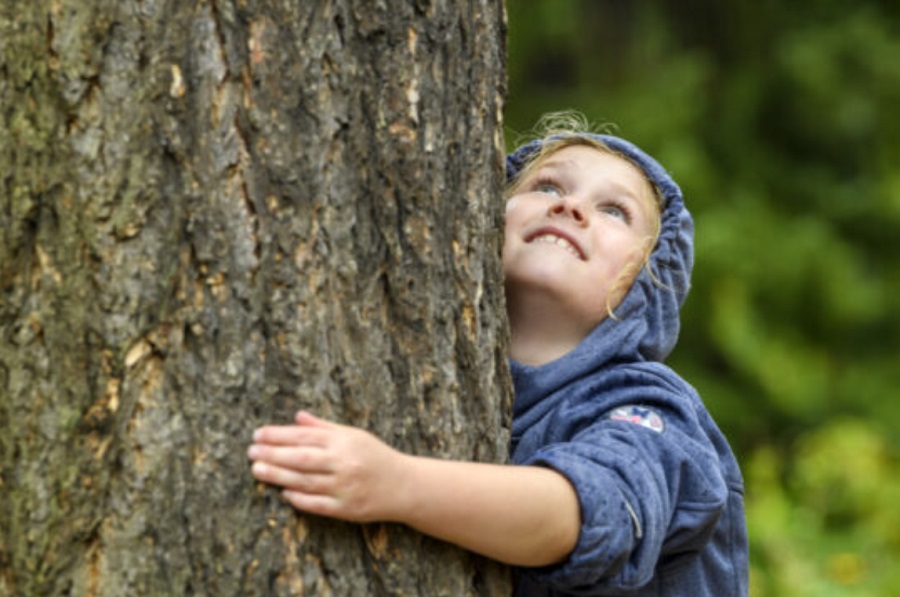 Kind, das einen Baum umarmt