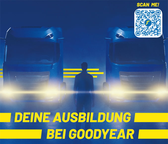 Scan me! Deine Ausbildung bei Goodyear - QR-Code - Ein Mann steht vor zwei LKW