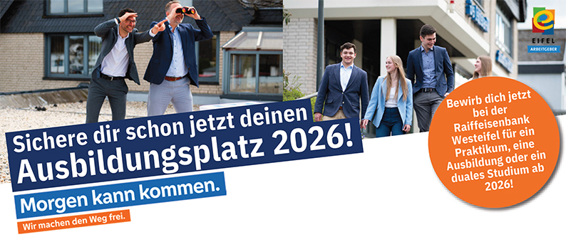 Sichere dir schon jetzt deinen Ausbildungsplatz 2026! Morgen kann kommen. Wir machen den Weg frei. Bewirb dich jetzt bei der Raiffeisenbank Westeifel für ein Praktikum, eine Ausbildung oder ein  duales Studium ab 2026!