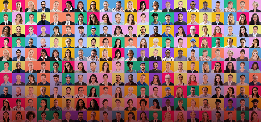 Collage aus zahlreichen Porträtaufnahmen von Männern und Frauen