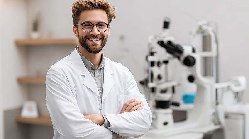 Fachkraft mit Brille steht vor Augenuntersuchungsgerät