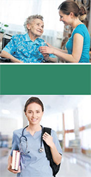 Pflegefachfrau kuemmert um aeltere Frau, laechelnde jungen Pflegerin mit Rucksack