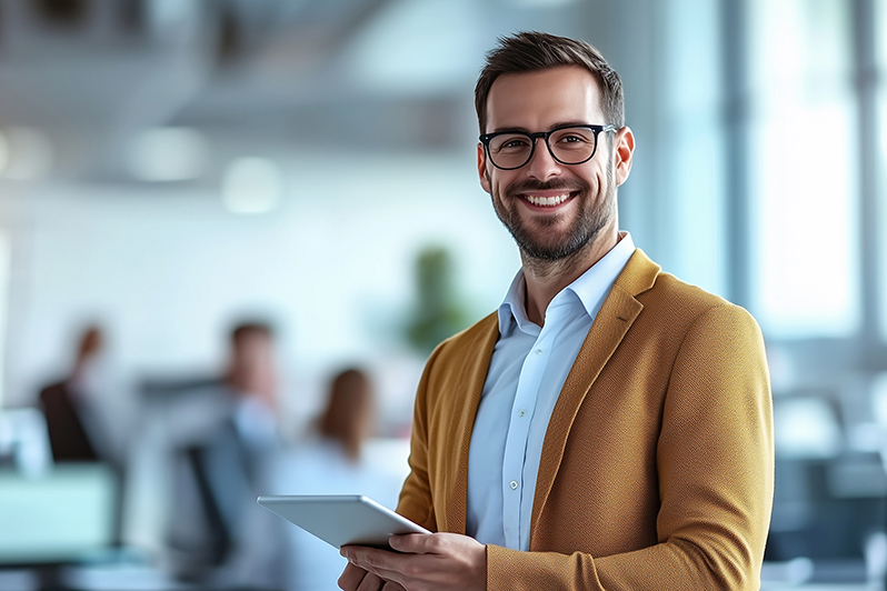 Lächelnder Geschäftsmann mit Tablet im modernen Büro