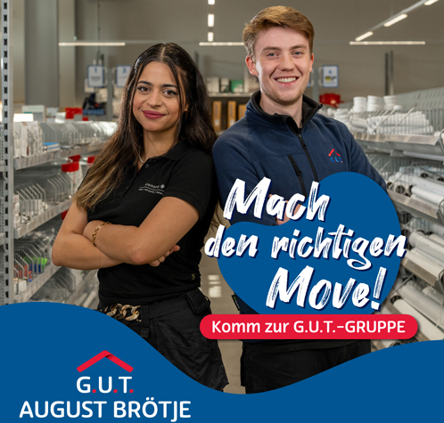 Zwei lächelnde junge Erwachsene in einem Büro vor dem Logo der G.U.T. AUGUST BRÖTJE. - Mach den richtigen Move! Komm zur G.U.T.-GRUPPE