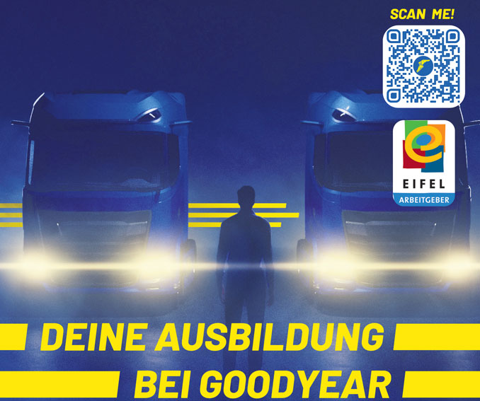 Scan me! Deine Ausbildung bei Goodyear - QR-Code - Ein Mann steht vor zwei LKW