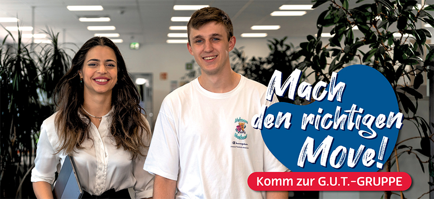 Zwei junge Azubis im Büro - Mach den richtigen Move! Komm zur G.U.T.-GRUPPE