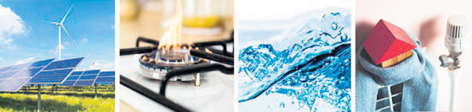 Solarzellen/Windrad, Gasherd-Flamme, fließendes Wasser und ein Heizkörper-Thermostat mit kleinem Hausmodell