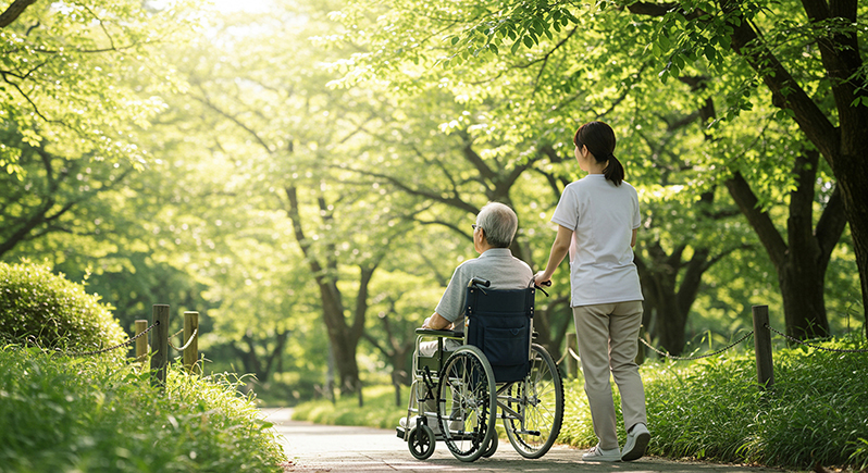 Pflegekraft schiebt Senior im Rollstuhl durch einen sonnigen Park