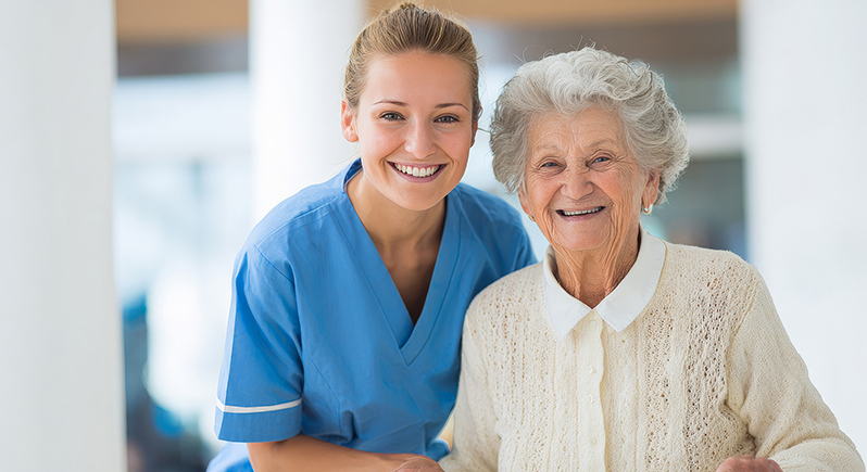 Lächelnde Pflegekraft und Seniorin blicken gemeinsam in die Kamera
