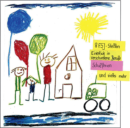 Bunte Kinderzeichnung: Haus, Sonne, Kinder mit Ballons. 8 FSJ-Stellen, Einblick in verschiedene Berufe, Schulferien und vieles mehr