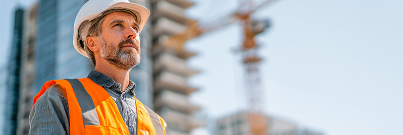 Ingenieur blickt optimistisch auf Großbaustelle mit Kran