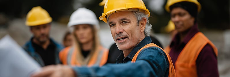 Polier weist Team auf Baustelle ein