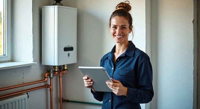 Technikerin mit Tablet vor einer Gastherme