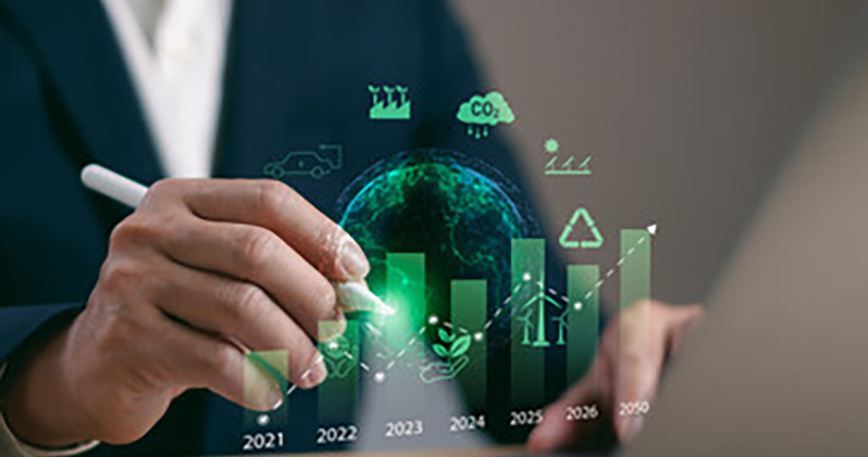 Digitales Nachhaltigkeitsdiagramm mit CO2-Symbolen bis 2050