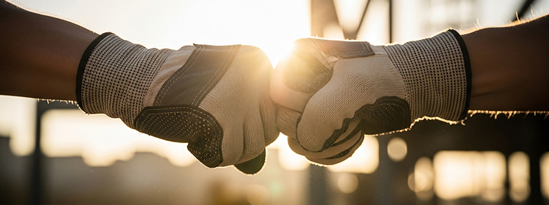 Zwei Hände mit Handschuhen machen ein High Five