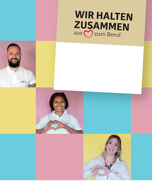 Zwei Frauen und ein Mann machen mit den Händen ein Herz