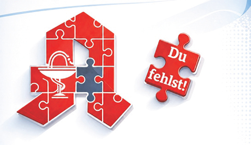 Apotheken-Logo als Puzzle mit fehlendem Teil und Text Du fehlst!