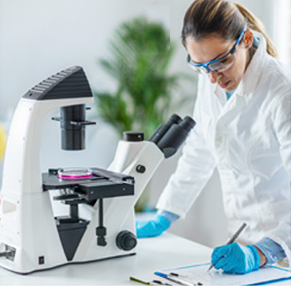 Wissenschaftlerin arbeitet am Mikroskop
