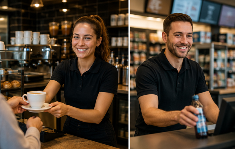 Mitarbeiter und Mitarbeiterin in einer Kaffeebar beim Service