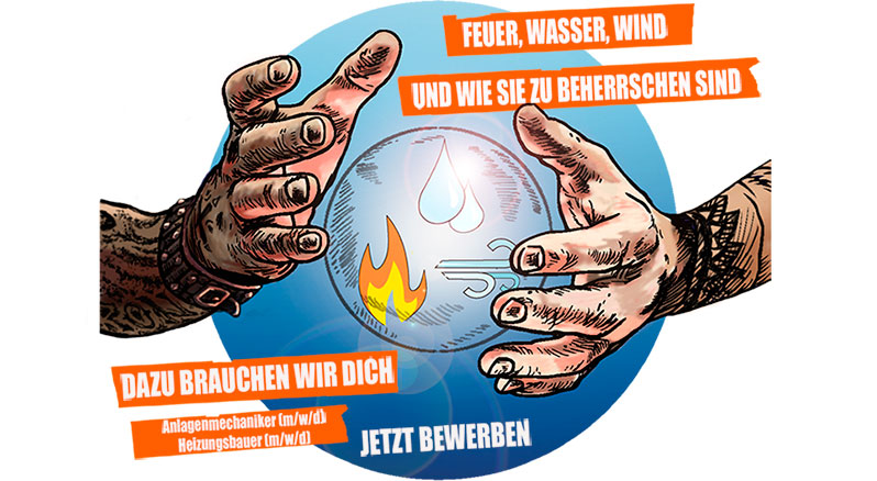 Illustration mit Händen, Kugel und Texten zu Elementen und Jobsuche