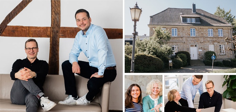 Teamfoto, Bürogebäude und Mitarbeiter im Gespräch