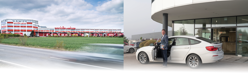 Gebäude Und Herr mit dem Auto