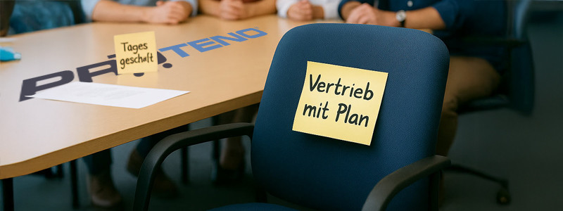 Leerer Stuhl, an dessen Rückenlehne ein Blatt Papier mit der Aufschrift „Vertrieb mit Plan“ klebt