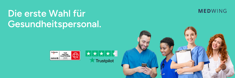 Medizinisches Fachpersonal vor Werbetafel. - Die erste Wahl für Gesundheitspersonal.