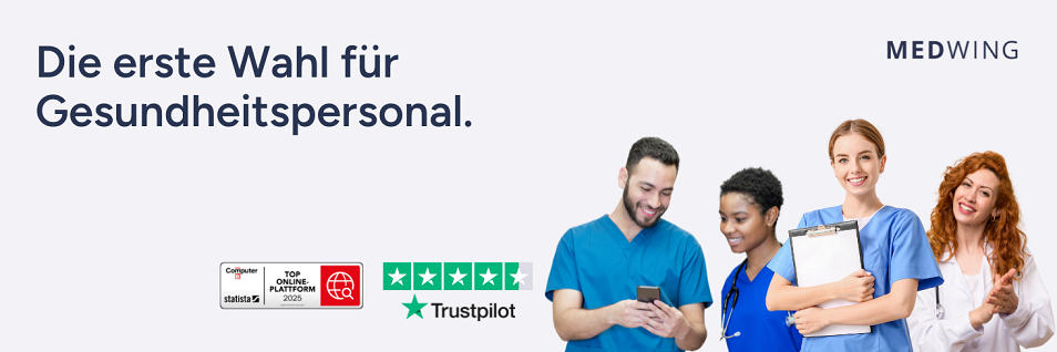 Medizinisches Fachpersonal vor Werbetafel. - Die erste Wahl für Gesundheitspersonal.