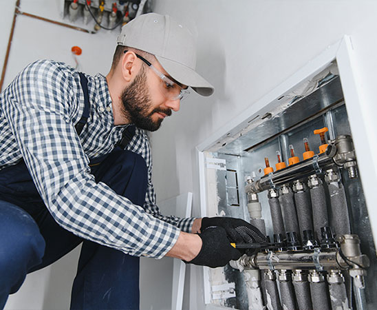 Techniker prüft Heizkreisverteiler.