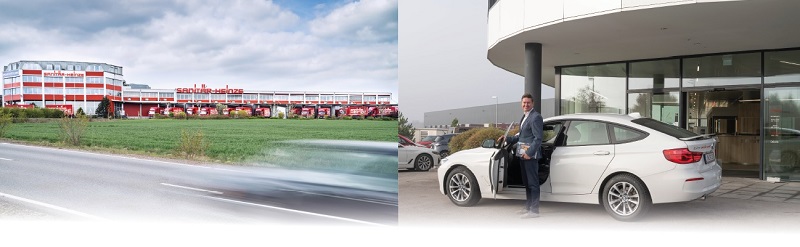 Gebäude Und Herr mit dem Auto