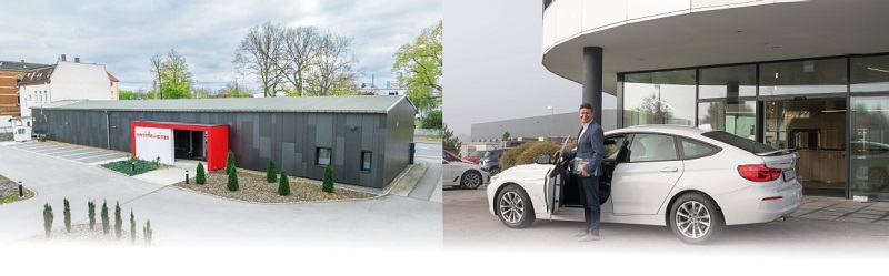 Gebäude Und Herr mit dem Auto