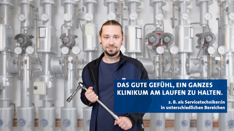 Junger Mann - DAS GUTE GEFÜHL, EIN GANZES KLINIKUM AM LAUFEN ZU HALTEN. - z.B. als Servicetechniker:in in unterschiedlichen Bereichen