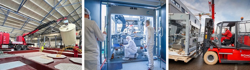 Arbeiter bei Maschinenmontage und -transport