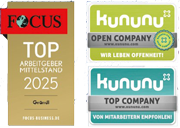 Zertifikate Top Arbeitgeber Mittelstand 2025, Kununu Open Company und Kununu Top Company