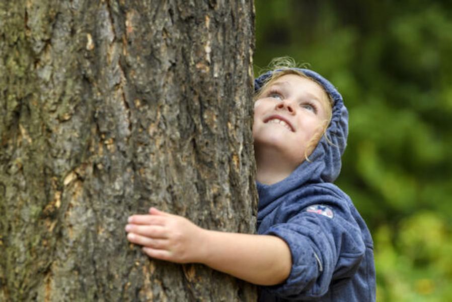 Kind, das einen Baum umarmt