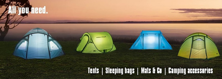 All you need. Tents | Sleeping bags | Mats @ Co | Camping accessories - auf einem Campingplatz ausgestellte Zeltmodelle