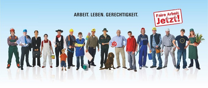 Menschen verschiedener Berufe, ein Kind und ein Hund - Arbeit. Leben. Gerechtigkeit. - Faire Arbeit Jetzt!