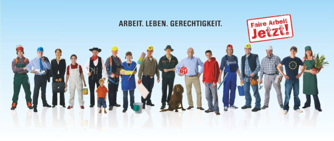 Menschen verschiedener Berufe, ein Kind und ein Hund - Arbeit. Leben. Gerechtigkeit. - Faire Arbeit Jetzt!