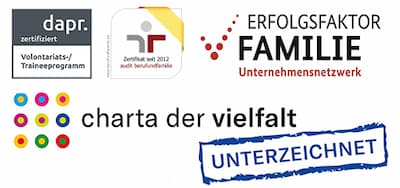 dapr. zetifikat - Volontariats-/ Traineeprogramm - Zertifikat seit 2012 audit berufundfamilie - ERFOLGSFAKTOR FAMILIE Unternehmensnetzwerk - charta der vielfalt UNTERZEICHNET - Zertifikat
