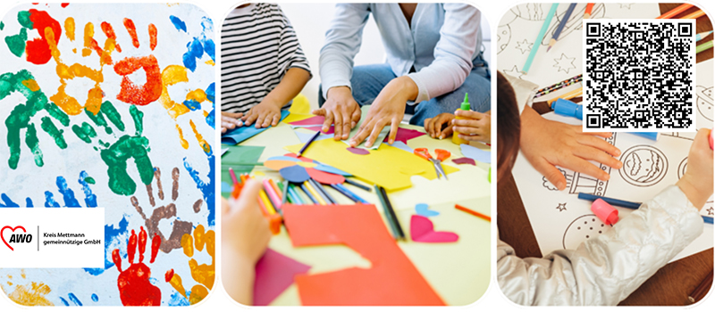 AWO Kreis Mettmann gemeinnützige GmbH - Drei Collagen-Bilder zum Thema Kinderbetreuung: Handabdrücke in bunten Farben, Hände beim Basteln mit Papier und Scheren sowie ein malendes Kind