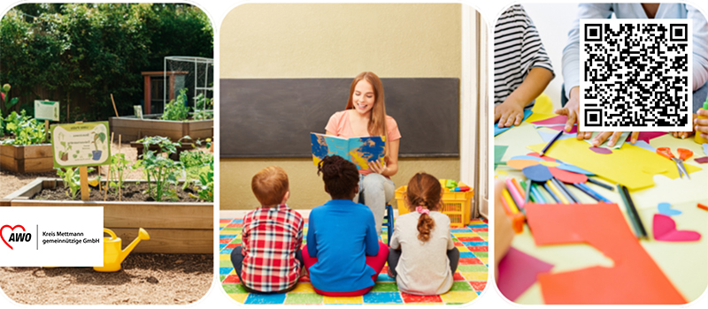 AWO Kreis Mettmann gemeinnützige GmbH -Dreiteilige Collage zu pädagogischen Aktivitäten: Ein Schulgarten mit Hochbeeten, eine Erzieherin, die Kindern aus einem Buch vorliest, und Hände beim gemeinsamen Basteln mit buntem Papier