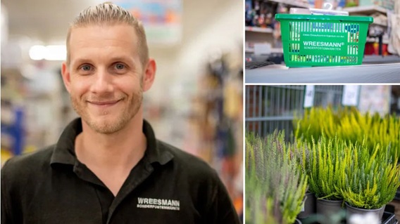 Mitarbeiter, Einkaufskorb und Pflanzen