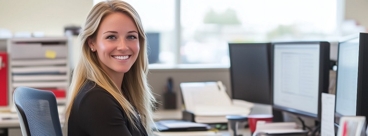 Frau in einer Online-Besprechung am Computer