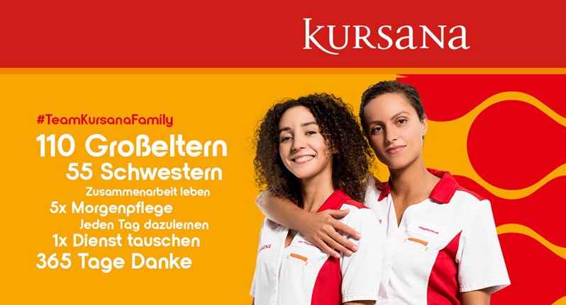 Zwei Pflegerinnen vor Kursana-Werbung.