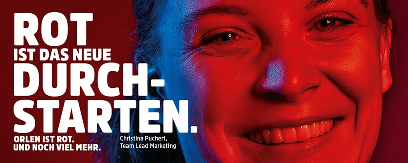 Rot ist das neue Durchstarten.  Orlen ist rot. Und noch viel mehr.  Christina Puchert, Team Lead Marketing
